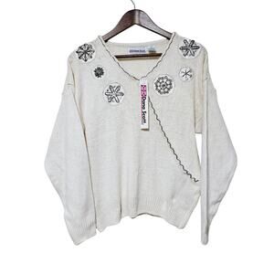 Vintage Dana Scott Ivory Beaded Snowflakes Soft Silk Angora Sweater Sz L NWT